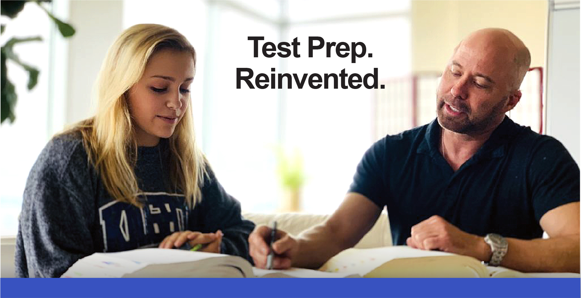 Student and instructor discussing SAT prep in classroom setting with 'Work Hard, Score Higher' message overlay